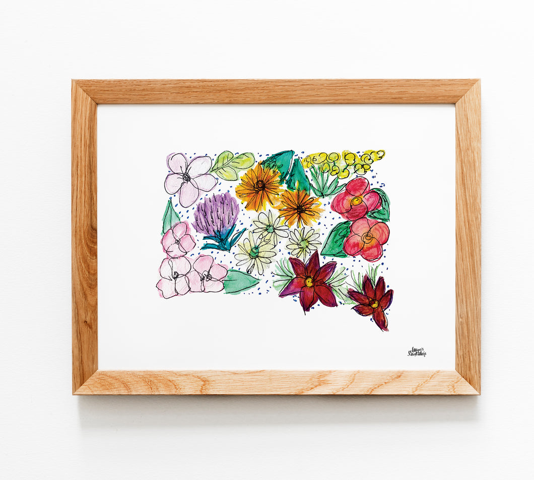 Floral State Map Print - South Dakota