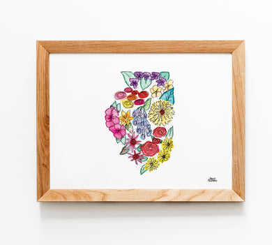 Floral State Map Print - Illinois