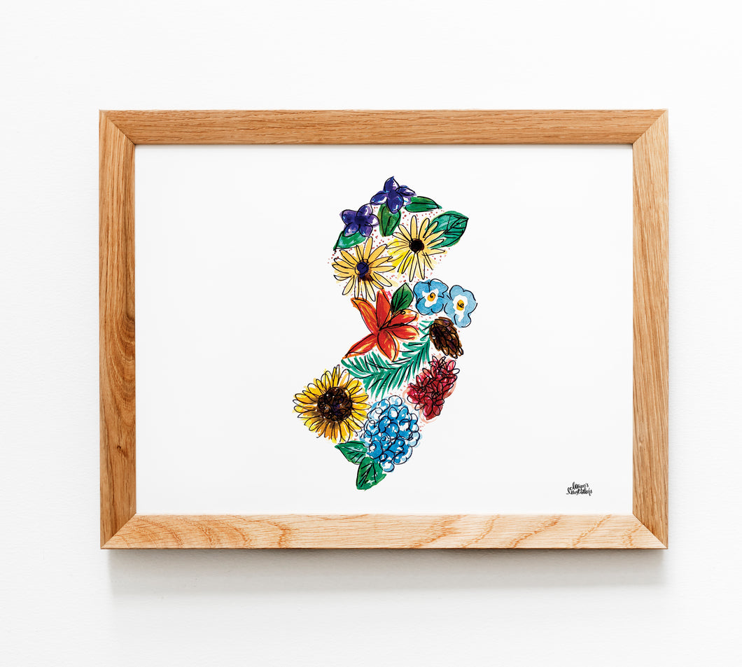 Floral State Map Print - New Jersey