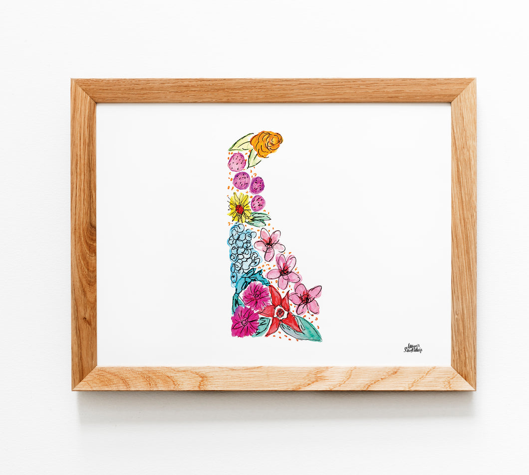 Floral State Map Print - Delaware
