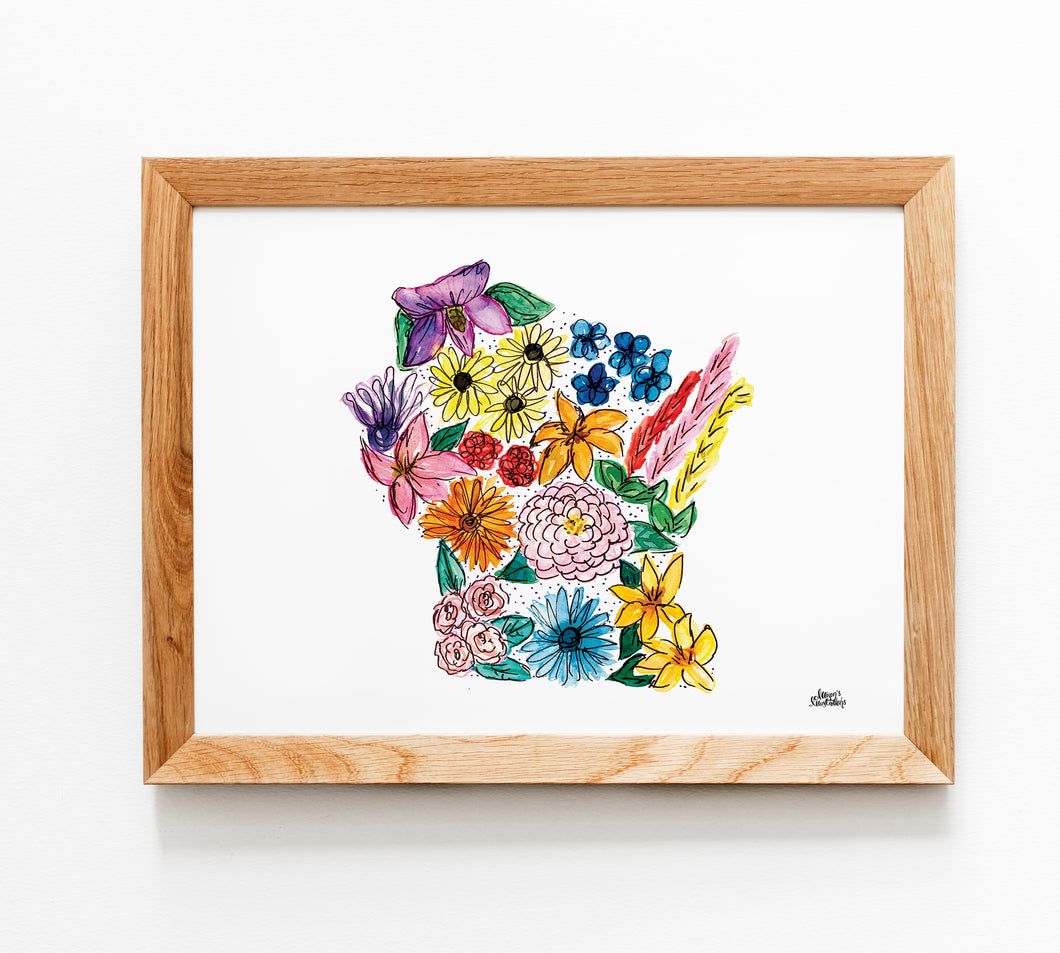 Floral State Map Print - Wisconsin