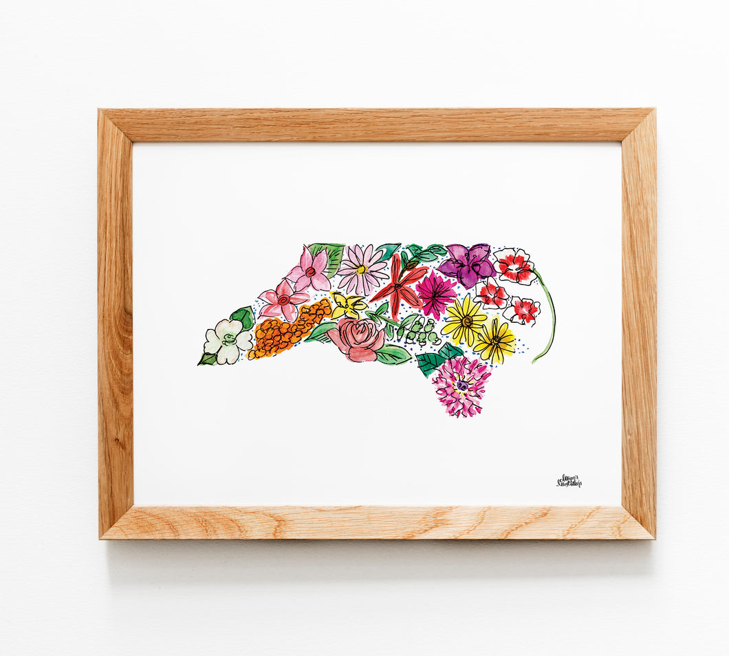 Floral State Map Print - North Carolina