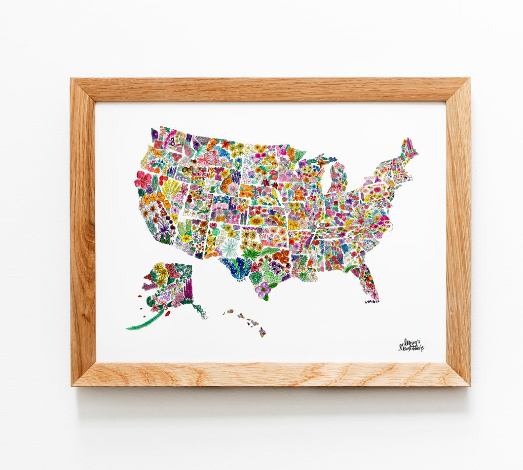 Floral State Map Print - USA