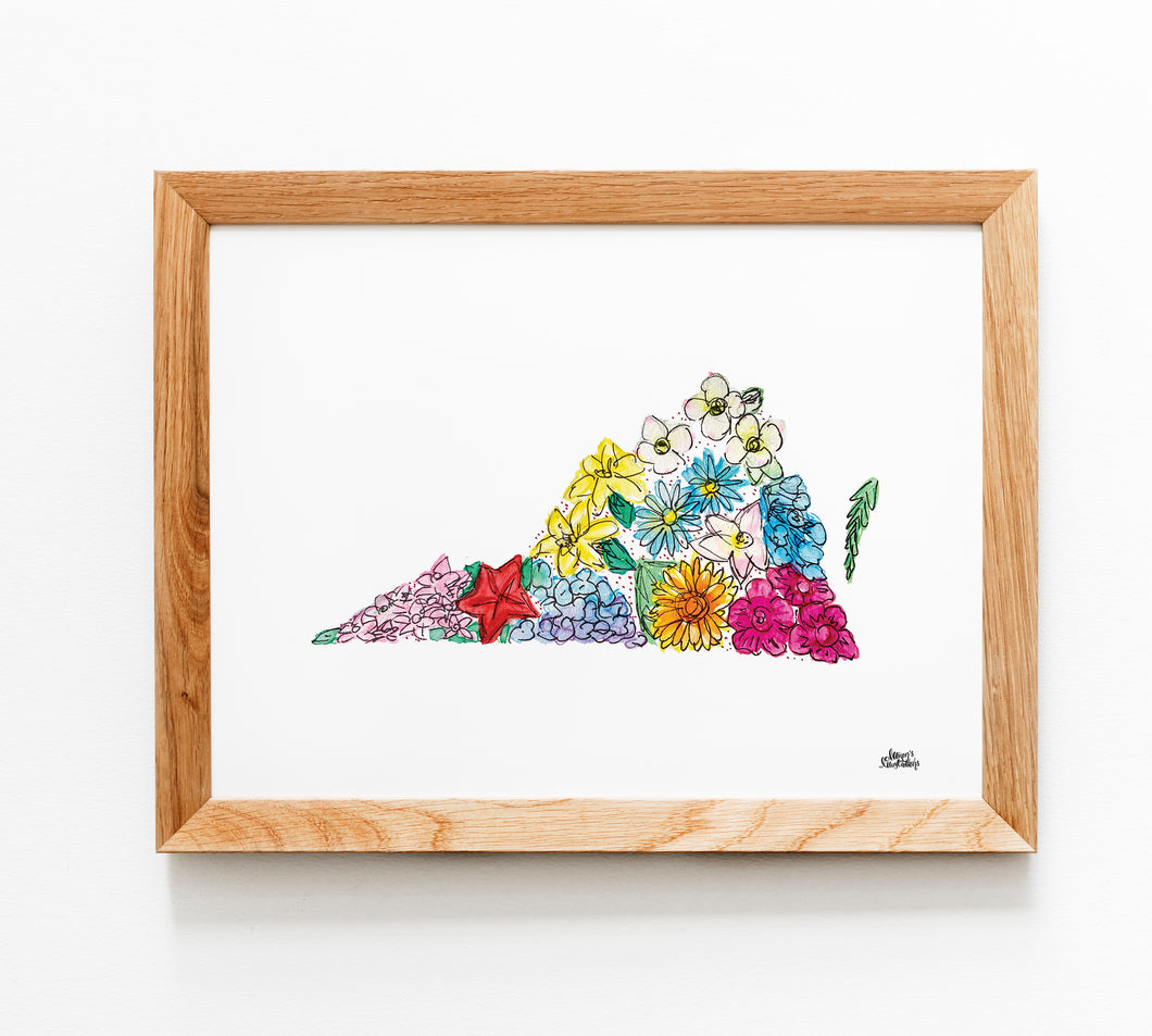 Floral State Map Print - Virginia