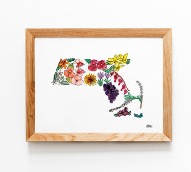 Floral State Map Print - Massachusetts
