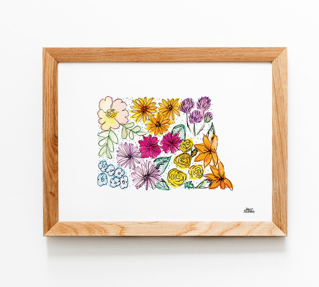 Floral State Map Print - North Dakota