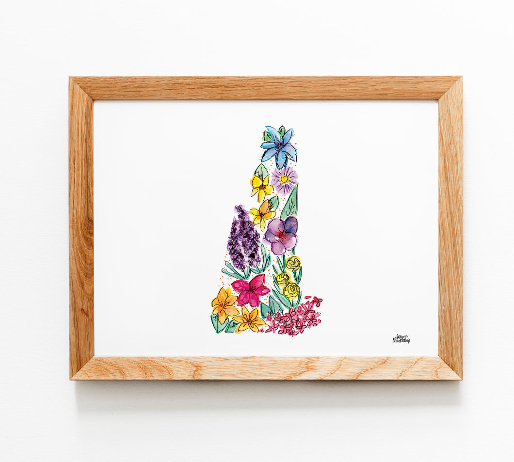 Floral State Map Print - New Hampshire